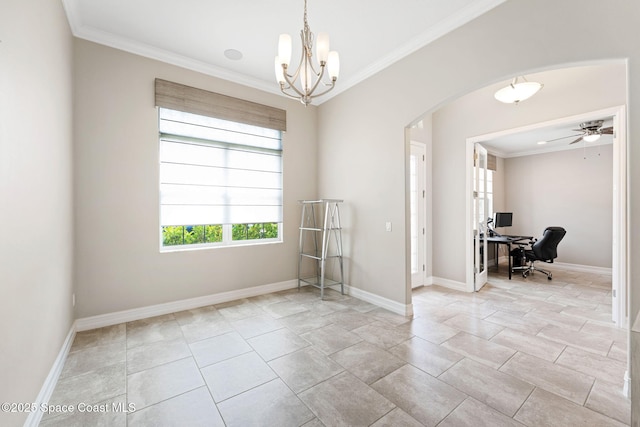7684 Poulicny Ln, Melbourne, FL 32940 - spare room featuring arched walkways, crown molding, an office area, and a chandelier