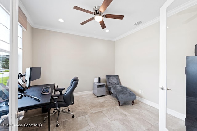 7684 Poulicny Ln, Melbourne, FL 32940 - office area with a ceiling fan, crown molding, recessed lighting, and french doors
