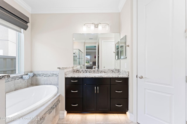 7684 Poulicny Ln, Melbourne, FL 32940 - full bathroom with a garden tub, vanity, and ornamental molding