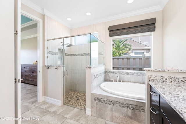 7684 Poulicny Ln, Melbourne, FL 32940 - full bath with a garden tub, a stall shower, ornamental molding, vanity, and recessed lighting