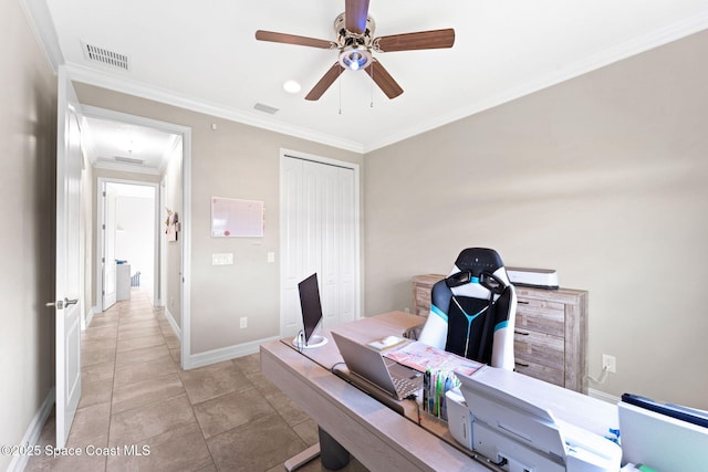 7684 Poulicny Ln, Melbourne, FL 32940 - office with ceiling fan, attic access, and crown molding