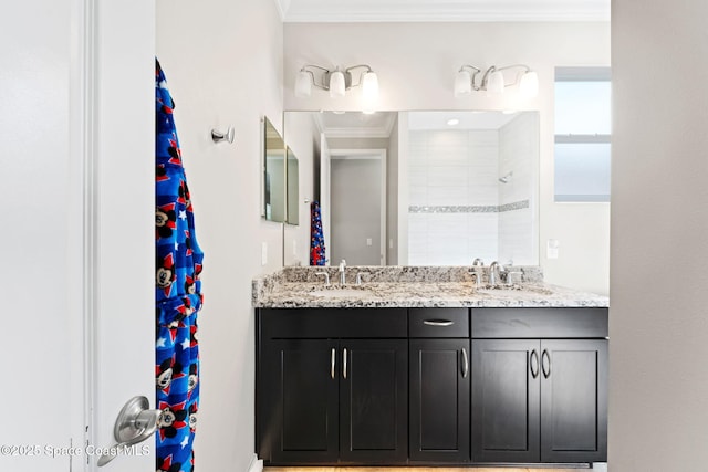 7684 Poulicny Ln, Melbourne, FL 32940 - full bath with ornamental molding, a tile shower, and double vanity