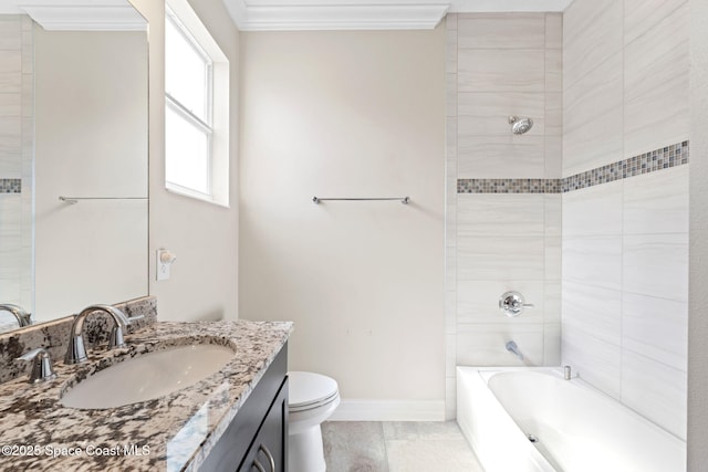 7684 Poulicny Ln, Melbourne, FL 32940 - full bathroom with vanity, crown molding,  shower combination, and tile patterned floors