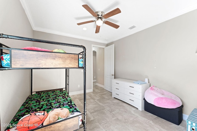 7684 Poulicny Ln, Melbourne, FL 32940 - bedroom featuring crown molding, arched walkways, and ceiling fan