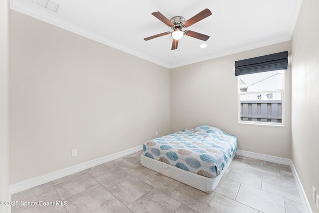 7684 Poulicny Ln, Melbourne, FL 32940 - bedroom featuring ornamental molding, ceiling fan, tile patterned flooring, and recessed lighting