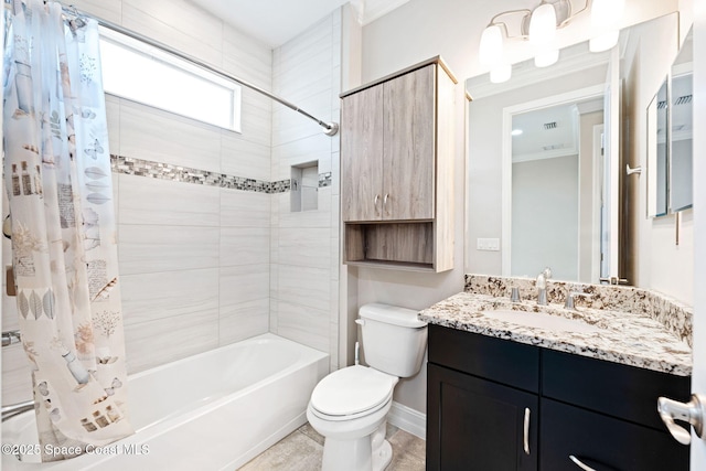 7684 Poulicny Ln, Melbourne, FL 32940 - bathroom featuring vanity, shower / tub combo with curtain, and ornamental molding