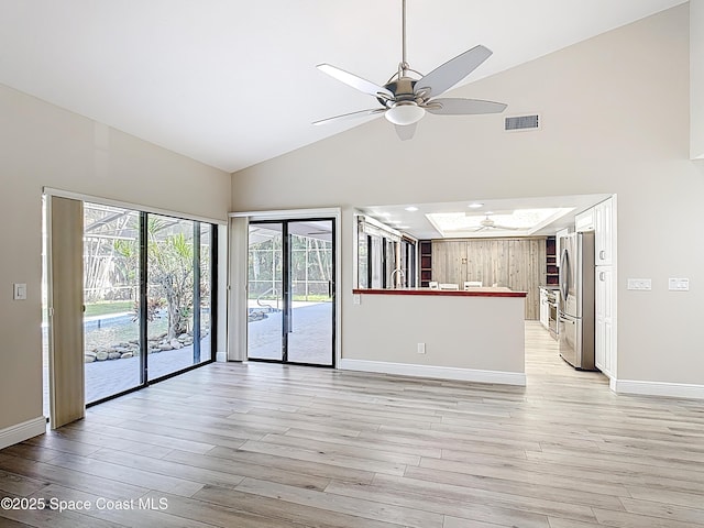 3090 Rio Pino S, Indialantic, FL 32903 - unfurnished living room with high vaulted ceiling, a ceiling fan, and light wood-type flooring