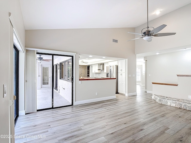 3090 Rio Pino S, Indialantic, FL 32903 - unfurnished living room featuring a ceiling fan, high vaulted ceiling, and light wood finished floors