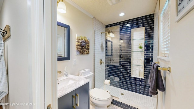 211 Jamaica Dr, Cocoa Beach, FL 32931 - bathroom with vanity, a tile shower, ornamental molding, and recessed lighting