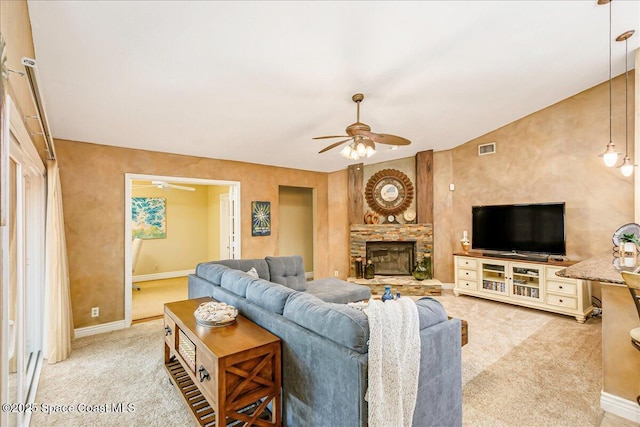 970 Pelican Ln, Rockledge, FL 32955 - carpeted living room featuring ceiling fan and a fireplace