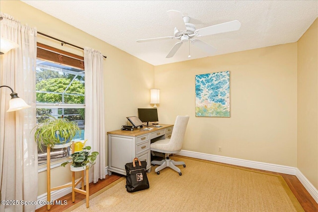 970 Pelican Ln, Rockledge, FL 32955 - home office featuring wood finished floors, a textured ceiling, and a ceiling fan