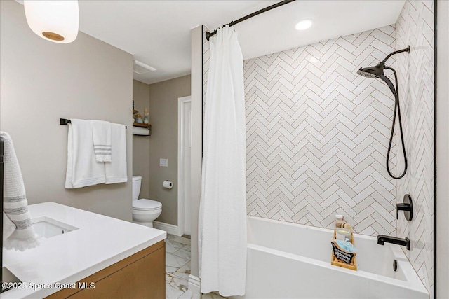 970 Pelican Ln, Rockledge, FL 32955 - bathroom featuring vanity, shower / tub combo with curtain, and marble finish floors