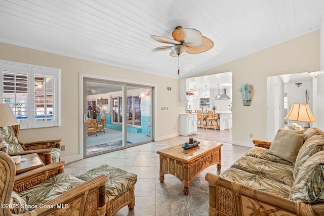 2945 Newfound Harbor Dr, Merritt Island, FL 32952 - living area featuring ceiling fan, wooden ceiling, lofted ceiling, and light tile patterned floors