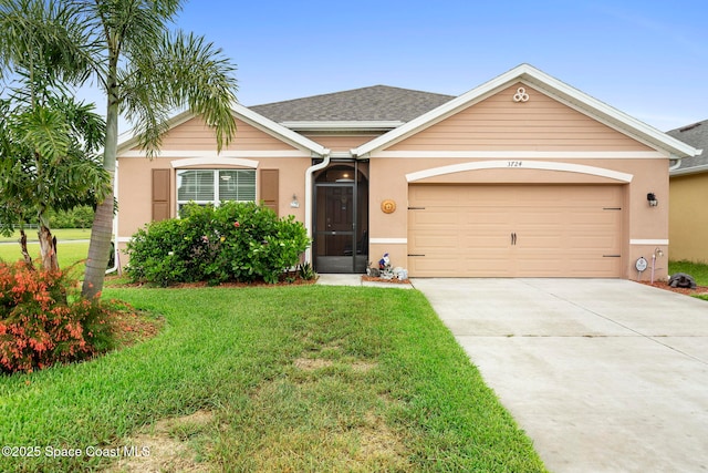 3724 Sandhill Crane Cir, Mims, FL 32754 - view of front of house with stucco siding, a front yard, concrete driveway, a garage, and a shingled roof