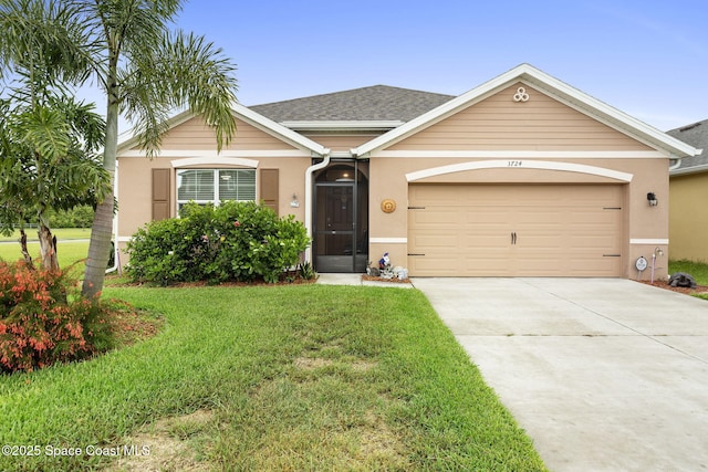 3724 Sandhill Crane Cir, Mims, FL 32754 - view of front of house with stucco siding, a front lawn, driveway, a garage, and a shingled roof