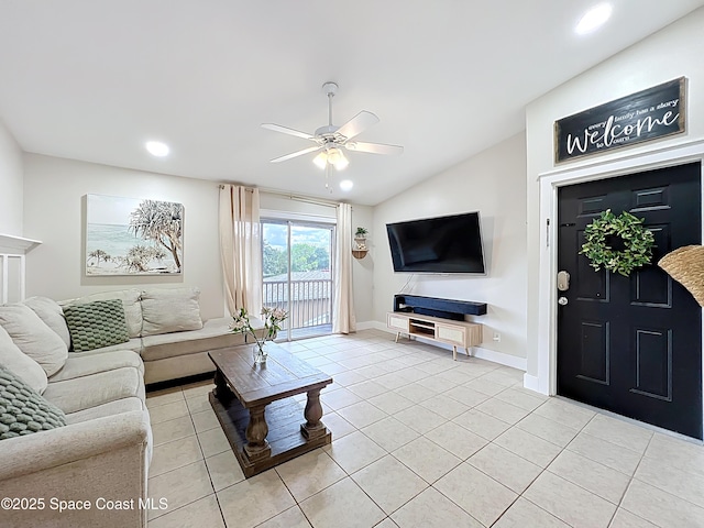 1870 Long Iron Dr Unit 1225, Rockledge, FL 32955 - living room with vaulted ceiling, a ceiling fan, light tile patterned floors, and recessed lighting