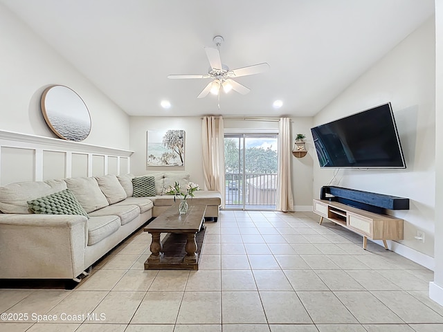 1870 Long Iron Dr Unit 1225, Rockledge, FL 32955 - living area with ceiling fan, light tile patterned floors, and vaulted ceiling
