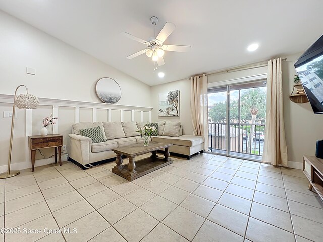 1870 Long Iron Dr Unit 1225, Rockledge, FL 32955 - living room with light tile patterned flooring, ceiling fan, lofted ceiling, and recessed lighting