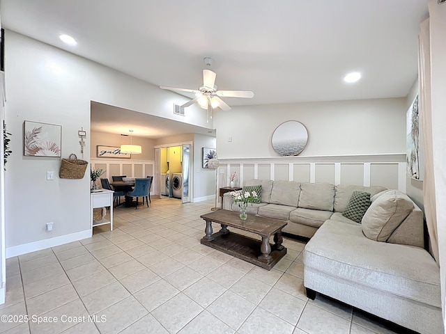 1870 Long Iron Dr Unit 1225, Rockledge, FL 32955 - living area featuring light tile patterned floors, washing machine and clothes dryer, ceiling fan, and recessed lighting