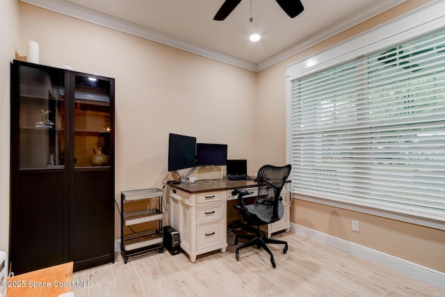 105 Azalea Cir, New Smyrna Beach, FL 32168 - office area featuring healthy amount of natural light, crown molding, a ceiling fan, and light wood-style flooring
