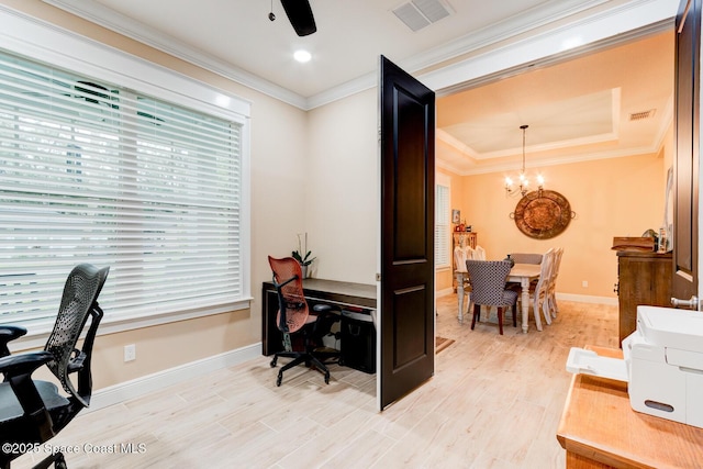 105 Azalea Cir, New Smyrna Beach, FL 32168 - office space with a chandelier, ornamental molding, light wood-type flooring, ceiling fan, and a raised ceiling