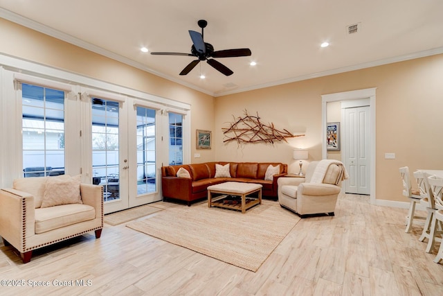 105 Azalea Cir, New Smyrna Beach, FL 32168 - living room with french doors, ceiling fan, light wood-type flooring, crown molding, and recessed lighting