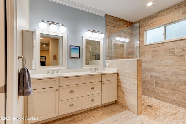 105 Azalea Cir, New Smyrna Beach, FL 32168 - full bath featuring a walk in shower, double vanity, ornamental molding, and recessed lighting