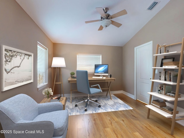 6025 Brabrook Ave, Grant, FL 32949 - office area featuring wood finished floors, a ceiling fan, and vaulted ceiling