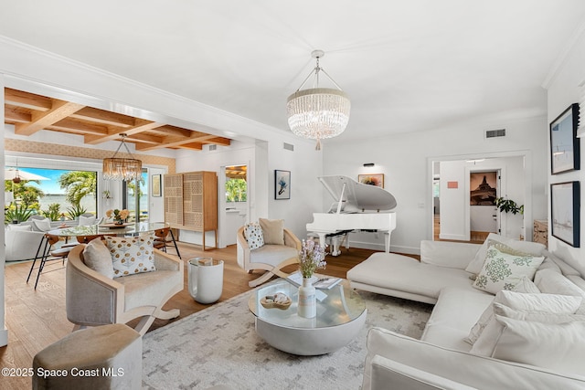 2600 N Riverside Dr, Indialantic, FL 32903 - living room with a chandelier, healthy amount of natural light, light wood-type flooring, beam ceiling, and ornamental molding