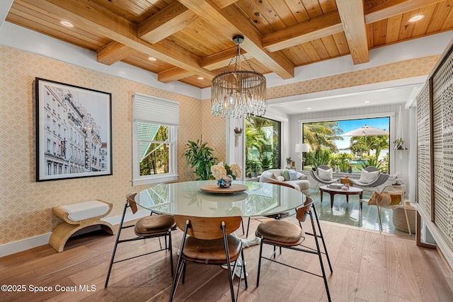 2600 N Riverside Dr, Indialantic, FL 32903 - dining area with light wood-style flooring, wallpapered walls, plenty of natural light, a wood ceiling with exposed beams, and recessed lighting