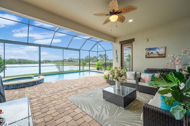 7873 Desmond Ave, Melbourne, FL 32940 - view of swimming pool with a patio area, outdoor lounge area, a water view, ceiling fan, and a lanai