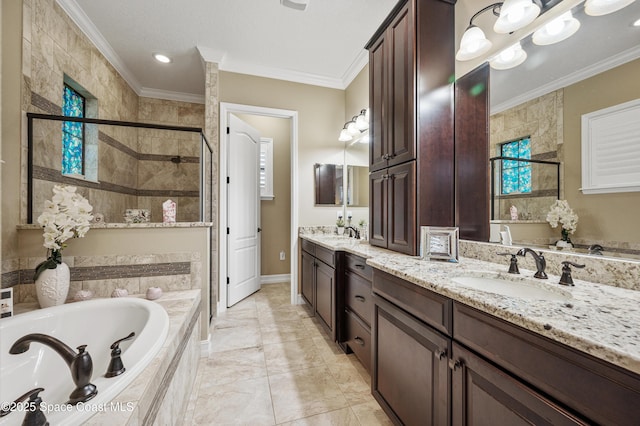 7873 Desmond Ave, Melbourne, FL 32940 - bathroom featuring a shower stall, double vanity, crown molding, and a bath