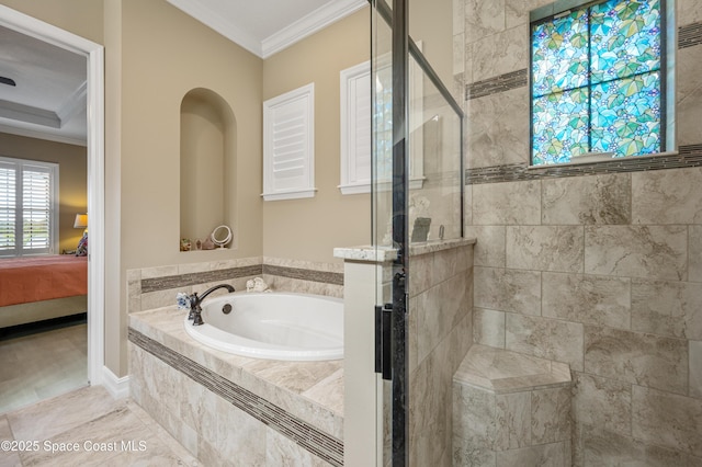 7873 Desmond Ave, Melbourne, FL 32940 - bathroom featuring crown molding, a bath, a stall shower, and connected bathroom