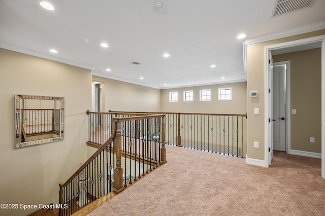 7873 Desmond Ave, Melbourne, FL 32940 - corridor featuring recessed lighting, carpet, ornamental molding, and an upstairs landing