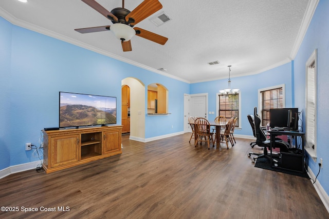 1375 Isabella Dr Unit 108, Melbourne, FL 32935 - office area featuring dark wood finished floors, arched walkways, a chandelier, ceiling fan, and ornamental molding