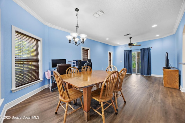 1375 Isabella Dr Unit 108, Melbourne, FL 32935 - dining room with dark wood-type flooring, crown molding, a chandelier, a textured ceiling, and recessed lighting