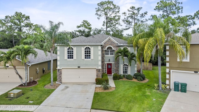 4060 Aria Dr, Melbourne, FL 32904 - view of front facade featuring stone siding, stucco siding, driveway, an attached garage, and a front lawn