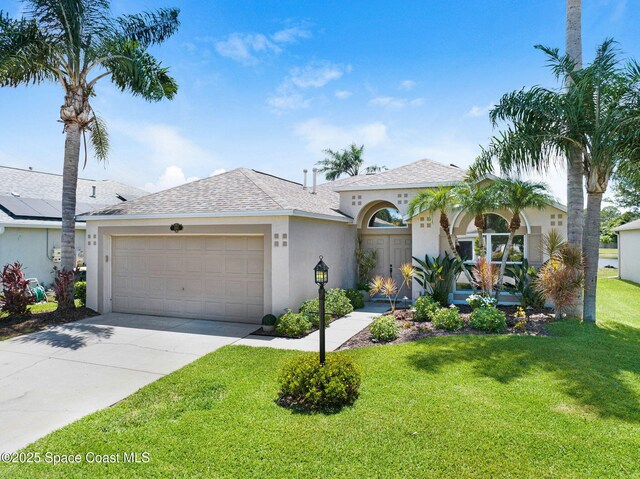 1137 White Oak Cir, Melbourne, FL 32934 - mediterranean / spanish-style home featuring stucco siding, an attached garage, concrete driveway, a front yard, and a shingled roof