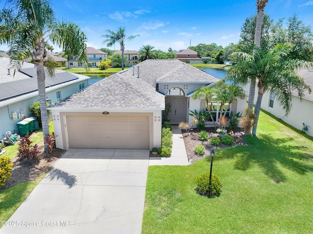 1137 White Oak Cir, Melbourne, FL 32934 - view of front of house featuring roof with shingles, stucco siding, an attached garage, driveway, and a front lawn