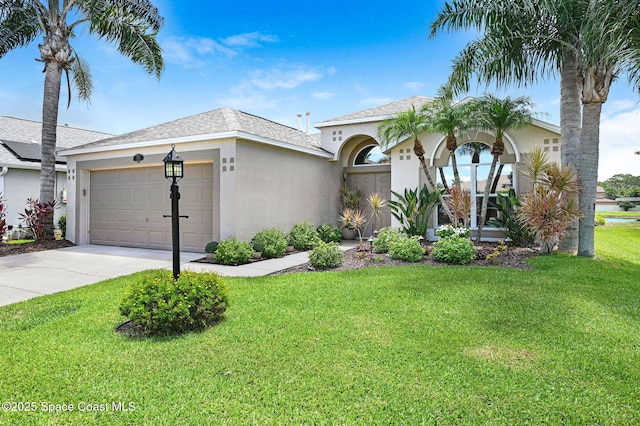 1137 White Oak Cir, Melbourne, FL 32934 - view of front of house with stucco siding, an attached garage, a front lawn, and concrete driveway