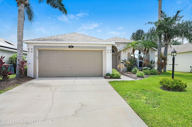 1137 White Oak Cir, Melbourne, FL 32934 - ranch-style home with stucco siding, driveway, a front yard, an attached garage, and a shingled roof