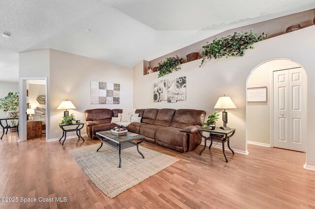 1137 White Oak Cir, Melbourne, FL 32934 - living area with light wood-style floors, a textured ceiling, arched walkways, and lofted ceiling