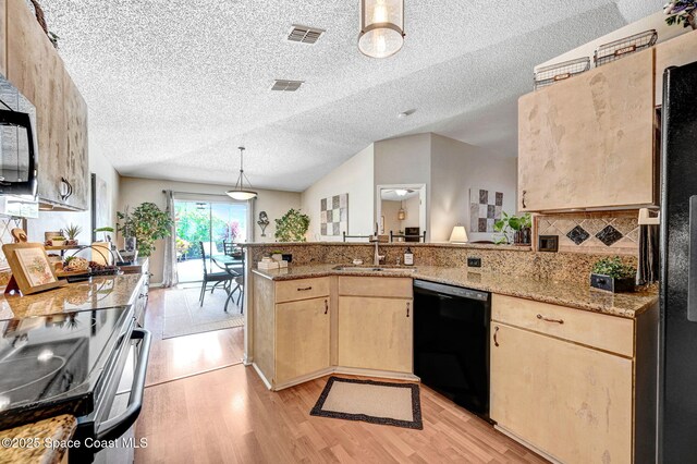 1137 White Oak Cir, Melbourne, FL 32934 - kitchen with dishwasher, light brown cabinetry, stainless steel electric range oven, a peninsula, and light wood-type flooring