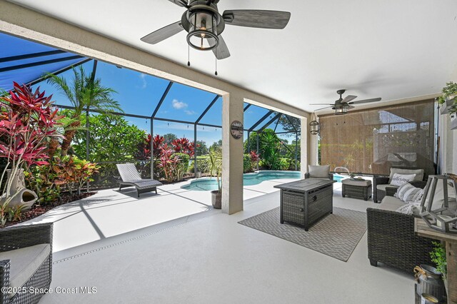 1137 White Oak Cir, Melbourne, FL 32934 - view of patio / terrace with a ceiling fan, an outdoor hangout area, a lanai, and an outdoor pool