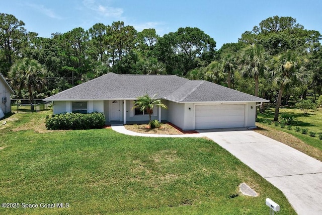 461 Coply Ter, Sebastian, FL 32958 - ranch-style house with a garage, driveway, stucco siding, and view of scattered trees