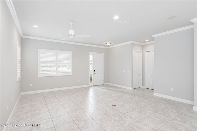 608 Lorelei Ave, Melbourne, FL 32901 - empty room with ornamental molding, ceiling fan, recessed lighting, and light tile patterned flooring
