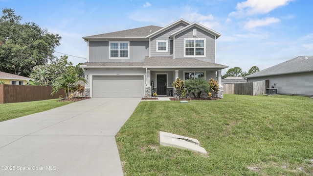 6830 Harp Ave, Cocoa, FL 32927 - view of front of property with concrete driveway, a garage, stone siding, roof with shingles, and a porch