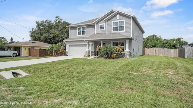 6830 Harp Ave, Cocoa, FL 32927 - view of front of house featuring concrete driveway, an attached garage, stone siding, and covered porch