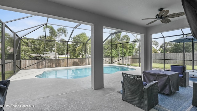 6830 Harp Ave, Cocoa, FL 32927 - view of pool featuring a fenced backyard, a patio, ceiling fan, and a lanai