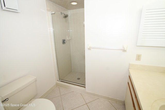 9027 Manchester Ln Unit 22F, West Melbourne, FL 32904 - bathroom featuring vanity, a stall shower, and tile patterned floors